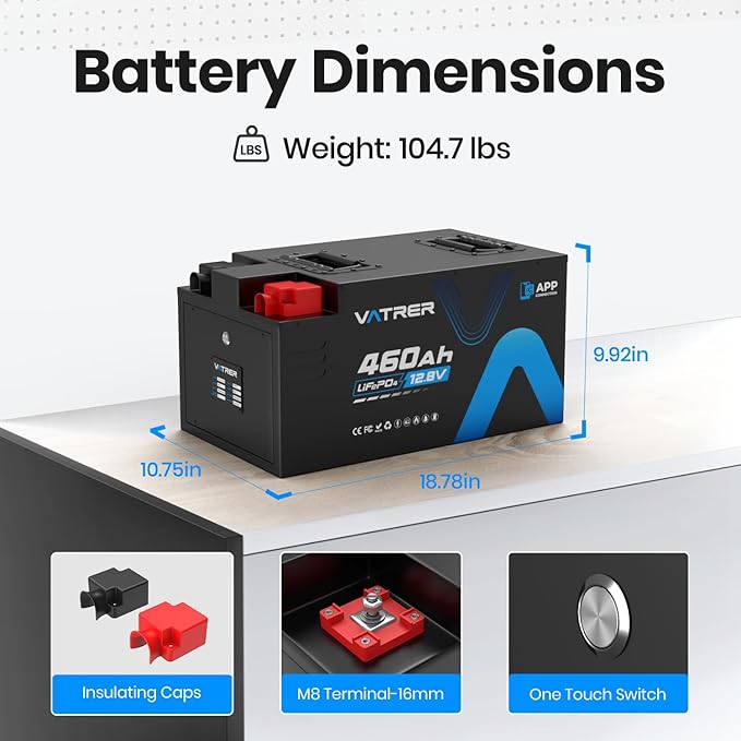 12.8V 460Ah Low Temp Cutoff LiFePO4 RV Battery, APP Monitoring, Built-in 300A BMS, Max. 3840W Load Power, 5880Wh Usable Energy, VATRER POWER 5000+ Cycles Lithium Battery, Perfect for RV, Motorhomes