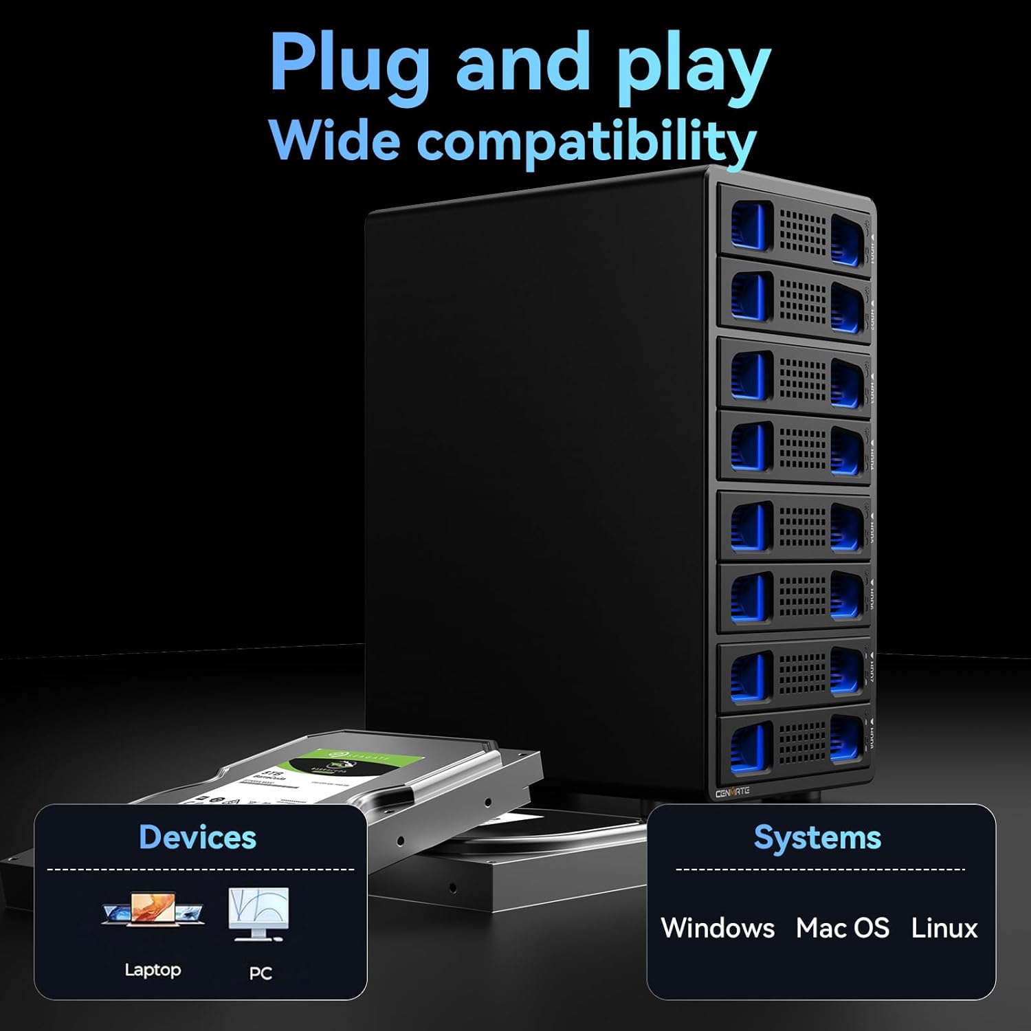 Aluminum 8 Bay 10Gbps Hard Drive Enclosure with Cooling Fan for 2.5“/3.5" SATA HDD/SSD with USB A/C 3.2 Gen 2, Support Hot Swappable, Daisy Chain Expansion, Tool-Free, DAS(NO RAID/NAS)