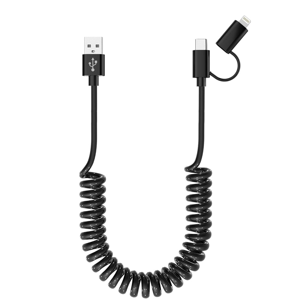 USB to USB-C and Lightning Cable Combo 2 in 1 Coiled Cable Support Apple Carplay & Android Auto [MFi & 3A Fast Charge & Data Sync] Coiled Lightning and USB C Cable for iPhone 17/16/15/14/13/12/Android