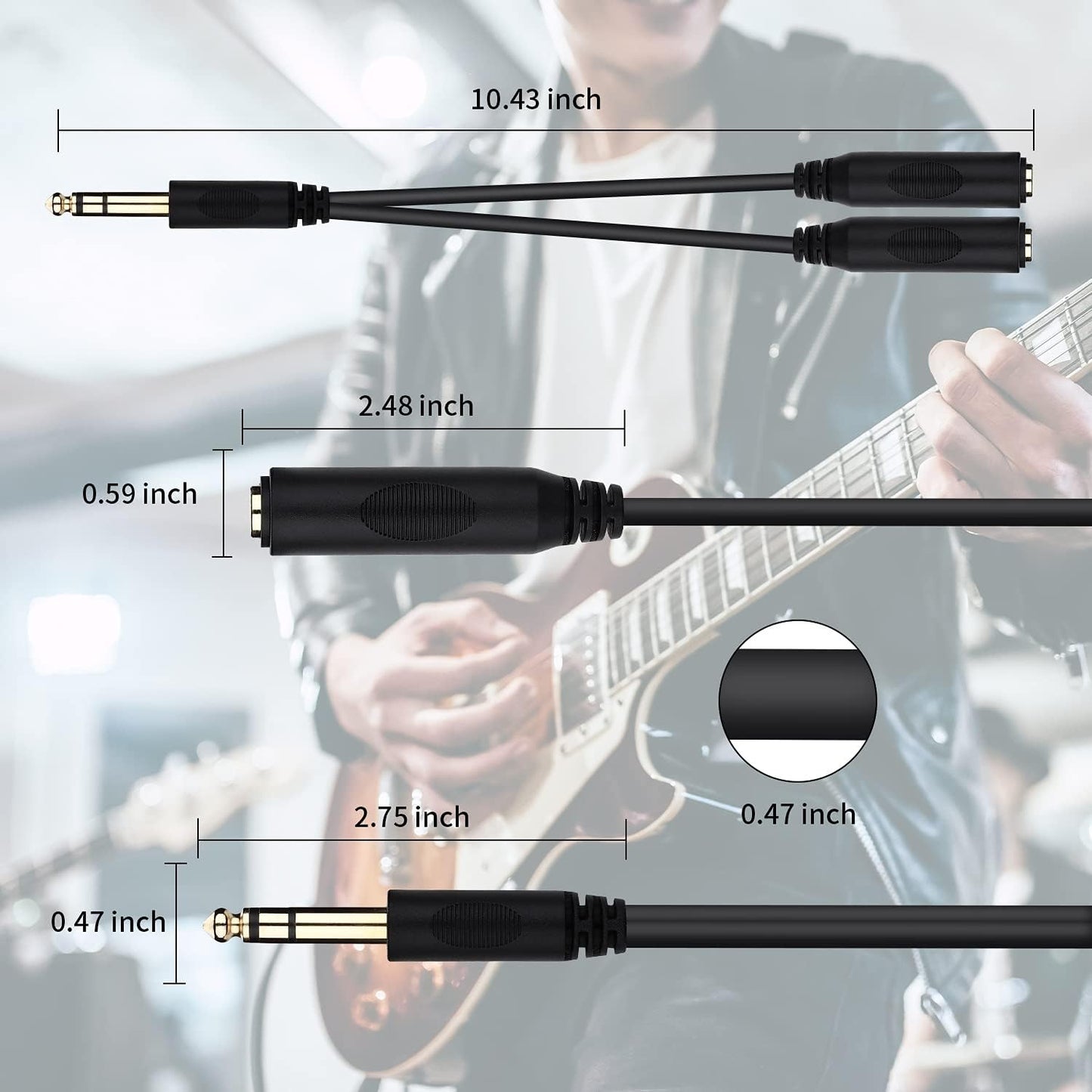 1/4 Splitter Cable, 1/4 Inch (6.35mm) TRS Male to Dual 1/4 Inch TRS Female Stereo Jack Adapter, Quarter inch TRS Headphone Splitter Cable - 8 inches/20cm