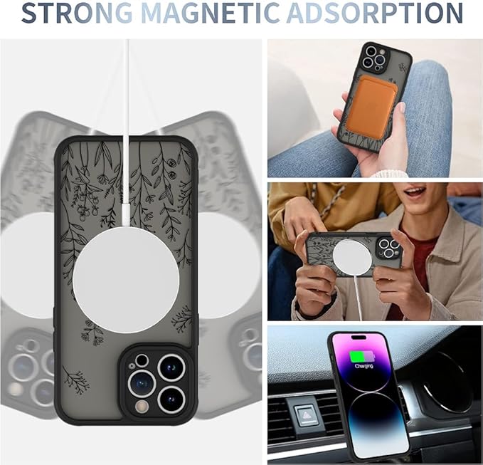 AIGOMARA Magnetic Case for iPhone 14 Pro Max [Compatible with MagSafe] Cute Black Flower Floral for Women Girls Soft TPU Bumper Hard PC Back Anti-Fall Shockproof Protective Slim Cover