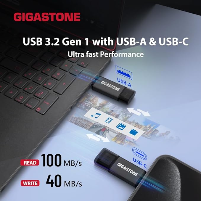 GIGASTONE 32GB Dual Flash Drive (2 Pack) Z40 USB 3.2 Gen 1, 2-in-1 Type-A & Type-C, 100MB/s Ultra Fast, Head Cap Design, Plug & Play for Smartphone/PC/Mac/TV/Car Audio, USB 2.0/3.0/3.1 Compatible