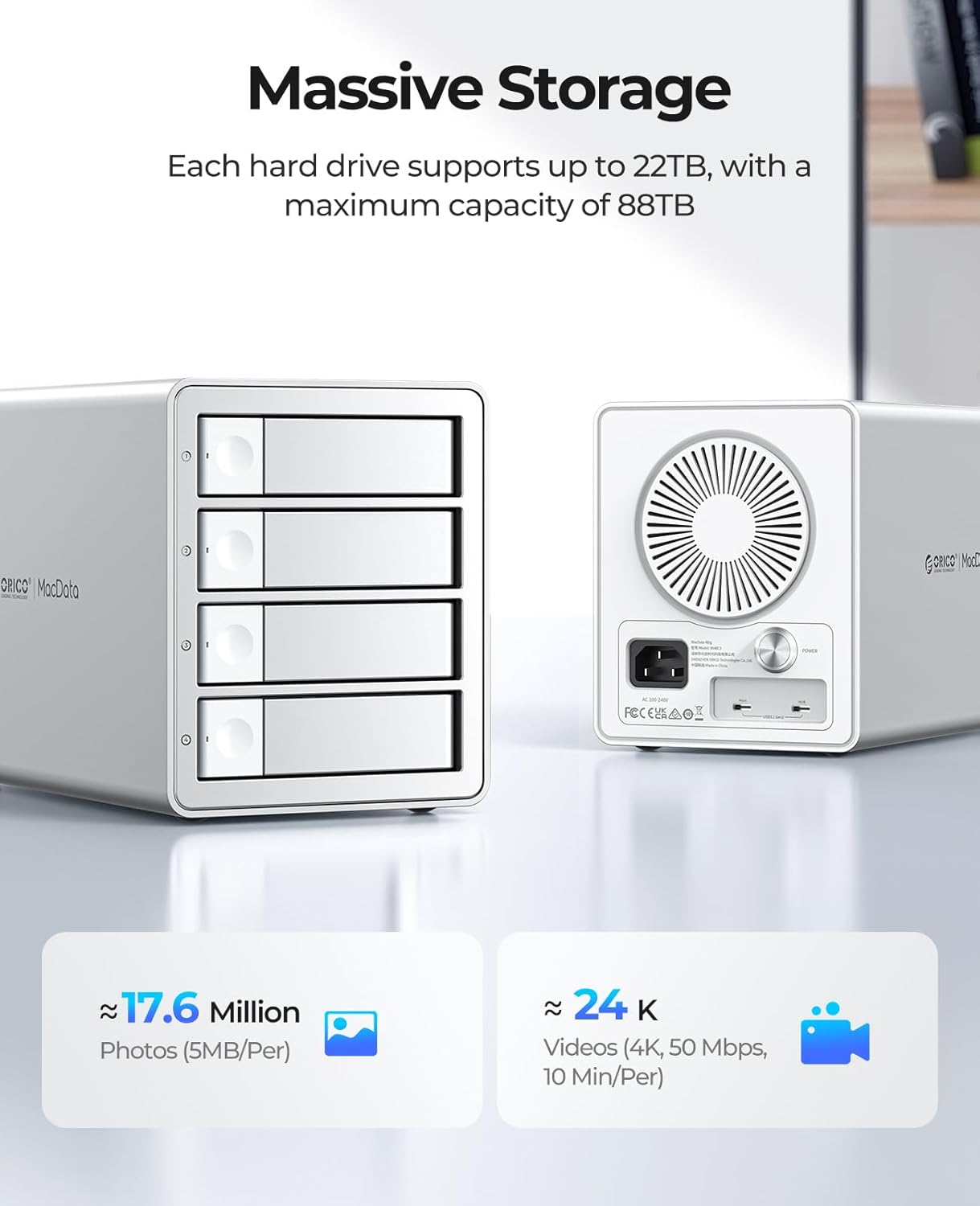 ORICO Daisy Chain 4 Bay Hard Drive Enclosure USB 3.2 Gen 2 Aluminum Das Enclosure USB C Expansion Max Up to 264TB for 3.5-inchs HDD -9948C3