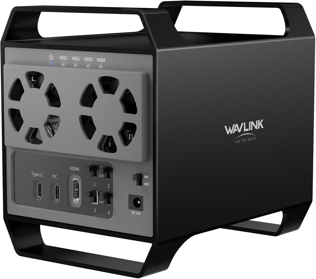 WAVLINK 4-Bay Hard Drive Enclosure for 3.5" and 2.5'' SATA HDD/SSD Featuring 10Gbps USB-C 3.2, Max 88TB Capacity, Built-in Temp-Controlled Cooling Fans, 4K HDMI Stunning Video Output, Aluminum Shell