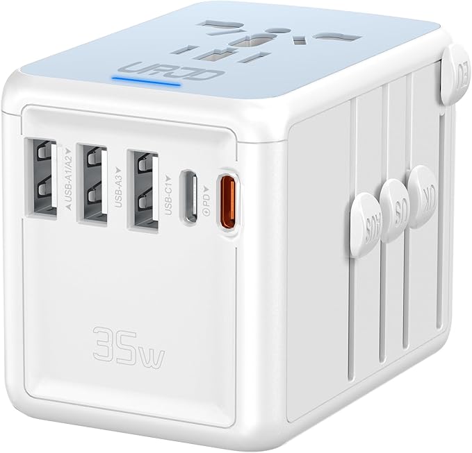 Universal Travel Adapter 35W PD Fast Charging Offers 3X2.4A USB-A Ports, 2X USB-C Ports and Multi AC Outlet, International Plug Converter Worldwide Travel Charger All in One for EU US UK AUS