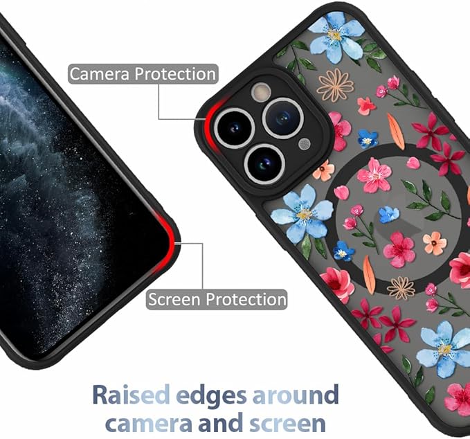 AIGOMARA Magnetic Case for iPhone 11 Pro Max [Compatible with MagSafe] Cute Pink Blue Flower Floral Pattern Soft TPU Bumper Hard PC Back Anti-Fall Shockproof Protective Slim Cover for Women Girls