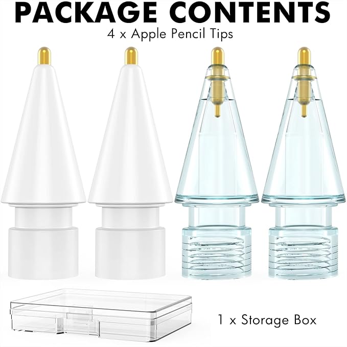 NIUTRENDZ 4 Pack Replacement Tips for Apple Pencil 2nd Generation and 1st Generation Fine Point Metal Tip, Wear-Resistant & Precise Control (1.95mm, White + Blue)