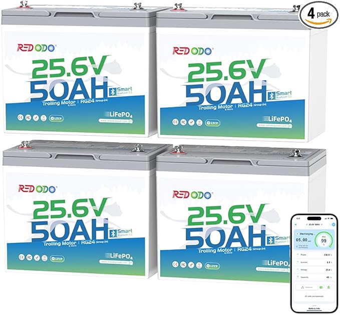 Redodo Bluetooth 24V 50Ah TM Low-Temp LiFePO4 Battery, Smart Lithium Battery Built in 50Ah BMS, 10 Years Lifespan, Perfect for Trolling Motor, Marine, RV, Fishing Finder, Solar and Off Grid-4 Pack