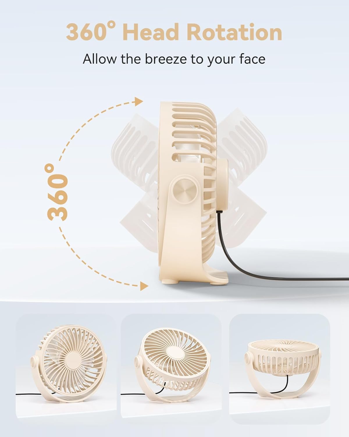 USB Desk Fan, 5 Inch Mini Portable, 3 Speeds Strong Airflow Personal Desktop, Detachable Cooling Fan 360° Rotation Quiet Small Fan for Desk Home Office Travel Car, Beige, 5ft Cable