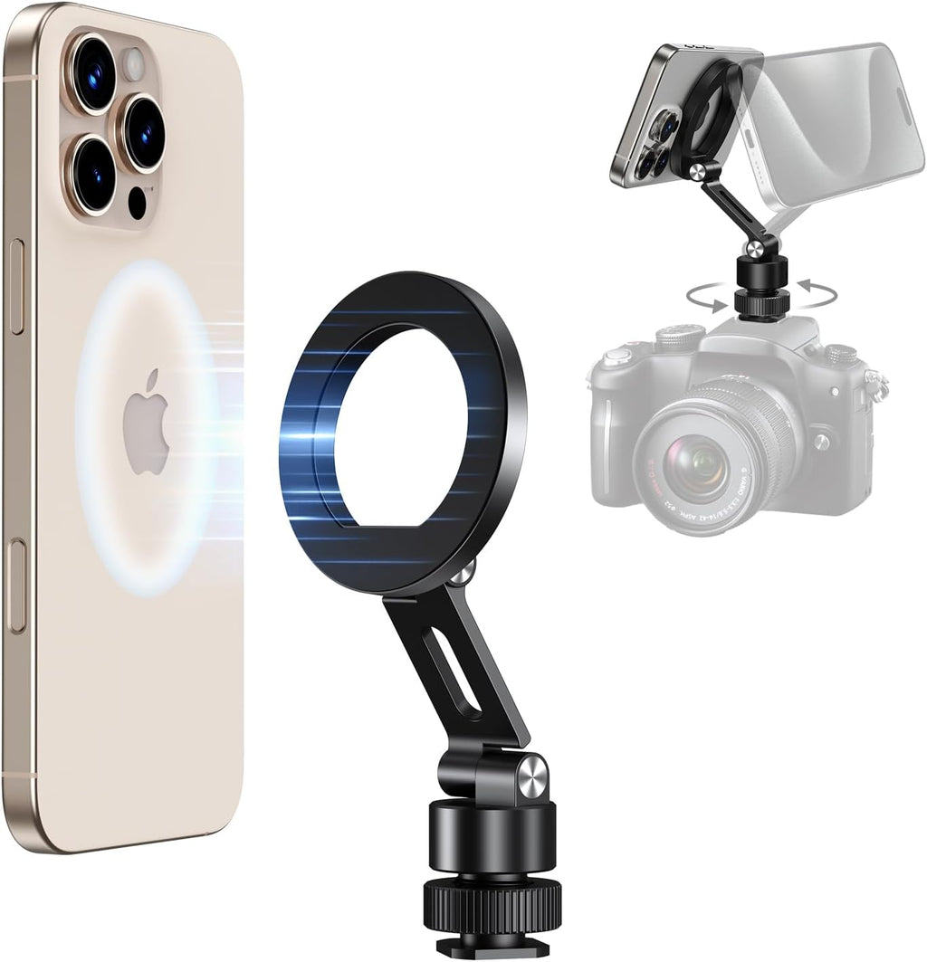 elitehood Magsafe Phone Tripod Mount Adapter with 360° Rotatable Cold Shoe & 1/4” Screw, Magnetic Camera Phone Mount, Aluminum iPhone Holder for Tripod Camera Video Recording Live Streaming Vlogging