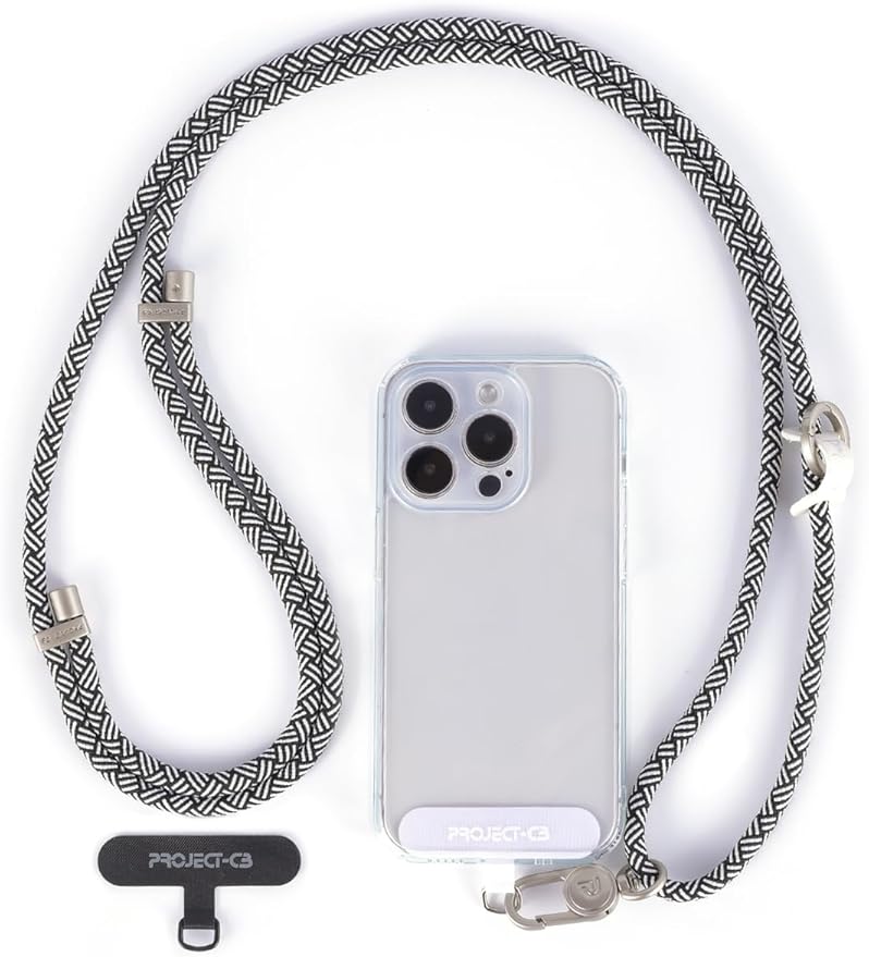 project-cb Cell Phone Lanyard 1,Phone Tether Tab 2,Crossbody Strap,Lanyards for Around the Neck,Adjustable Strap 80-160cm (White-Black-S)