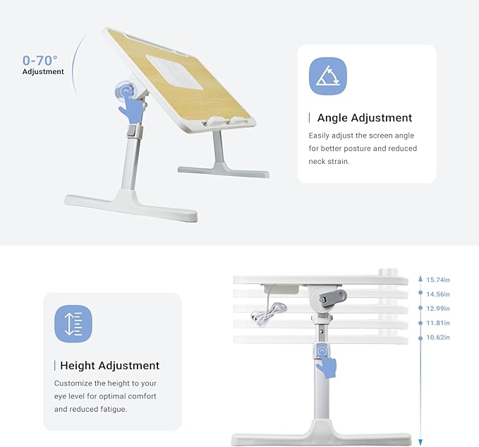 Laptop Lap Desk Include Cooling Fan,Adjustable Lap Desk with Light Fan,Folding Laptop Desk for Bed with USB,Bed Desk with Storage Drawer 56x32cm,White Oak
