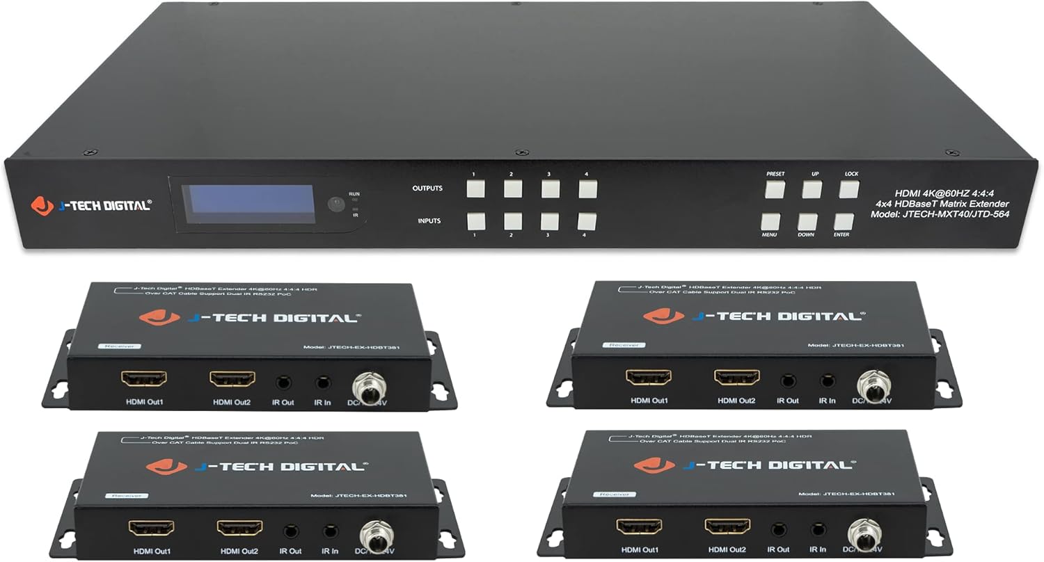 J-Tech Digital HDBaseT 4x4 Matrix Extender Switcher Supports HDMI2.0 HDCP2.2 4K60Hz 4:4:4 HDR Dolby Vison with 4 PoC Receivers, Over Single Cat5e/6 Cable, Control App, Compatible with Control4 Driver