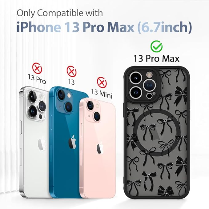 AIGOMARA Case for iPhone 13 Pro Max [Compatible with MagSafe] Black Ribbon Bow Pattern Design Soft TPU Bumper Hard PC Back Anti-Fall Shockproof Protective Slim Magnetic Cover for Women Girls