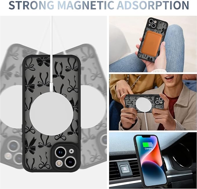 AIGOMARA Case for iPhone 14 [Compatible with MagSafe] Black Ribbon Bow Pattern Design Soft TPU Bumper Hard PC Back Anti-Fall Shockproof Protective Slim Magnetic Cover for Women Girls