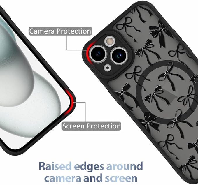 AIGOMARA Case for iPhone 15 Plus [Compatible with MagSafe] Black Ribbon Bow Pattern Design Soft TPU Bumper Hard PC Back Anti-Fall Shockproof Protective Slim Magnetic Cover for Women Girls