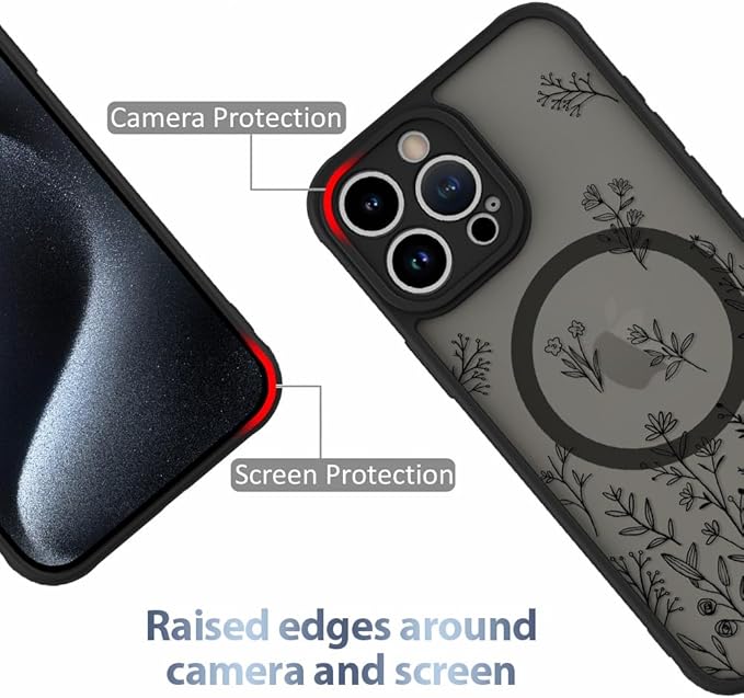 AIGOMARA Magnetic Case for iPhone 15 Pro Max [Compatible with MagSafe] Cute Black Flower Floral for Women Girls Soft TPU Bumper Hard PC Back Anti-Fall Shockproof Protective Slim Cover