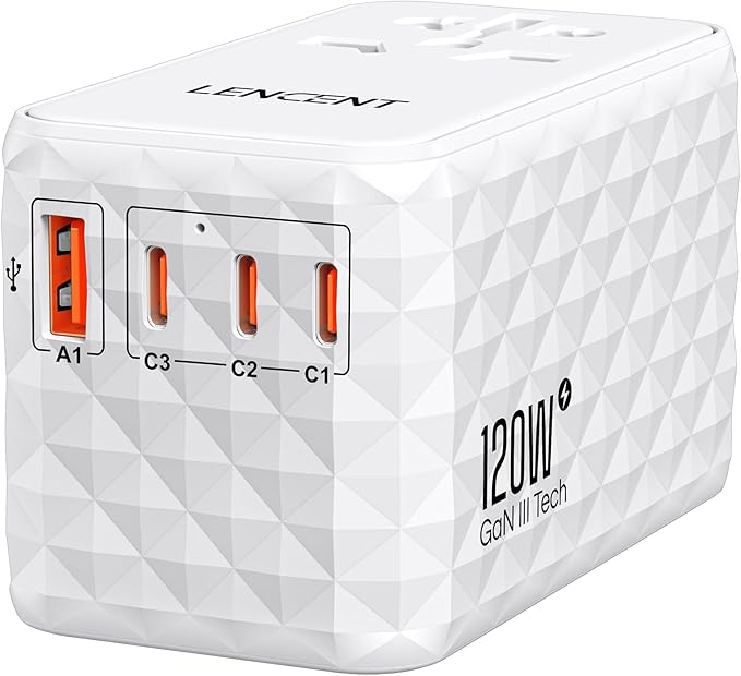 LENCENT 120W International Travel Adapter, Universal Travel Adapter with 1 QC USB-A & 3 PD3.0 Type C Power Adapter, Fast Charging for Phone,Laptops, All-in-One Outlet Adapter for USA/UK/EU/AUS, White