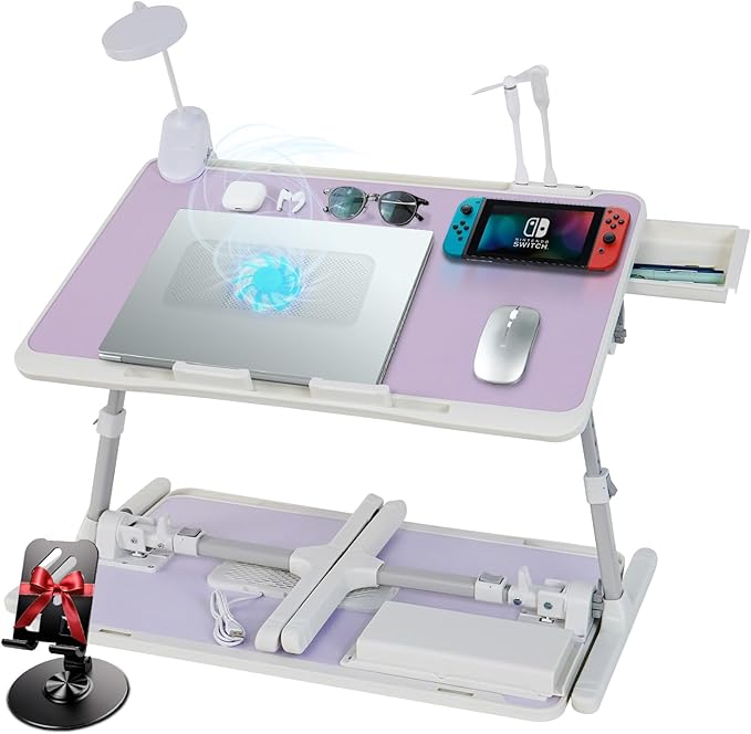 Laptop Lap Desk Include Cooling Fan,Adjustable Lap Desk with Light Fan,Folding Laptop Desk for Bed with USB,Bed Desk with Storage Drawer 56x32cm,Purple