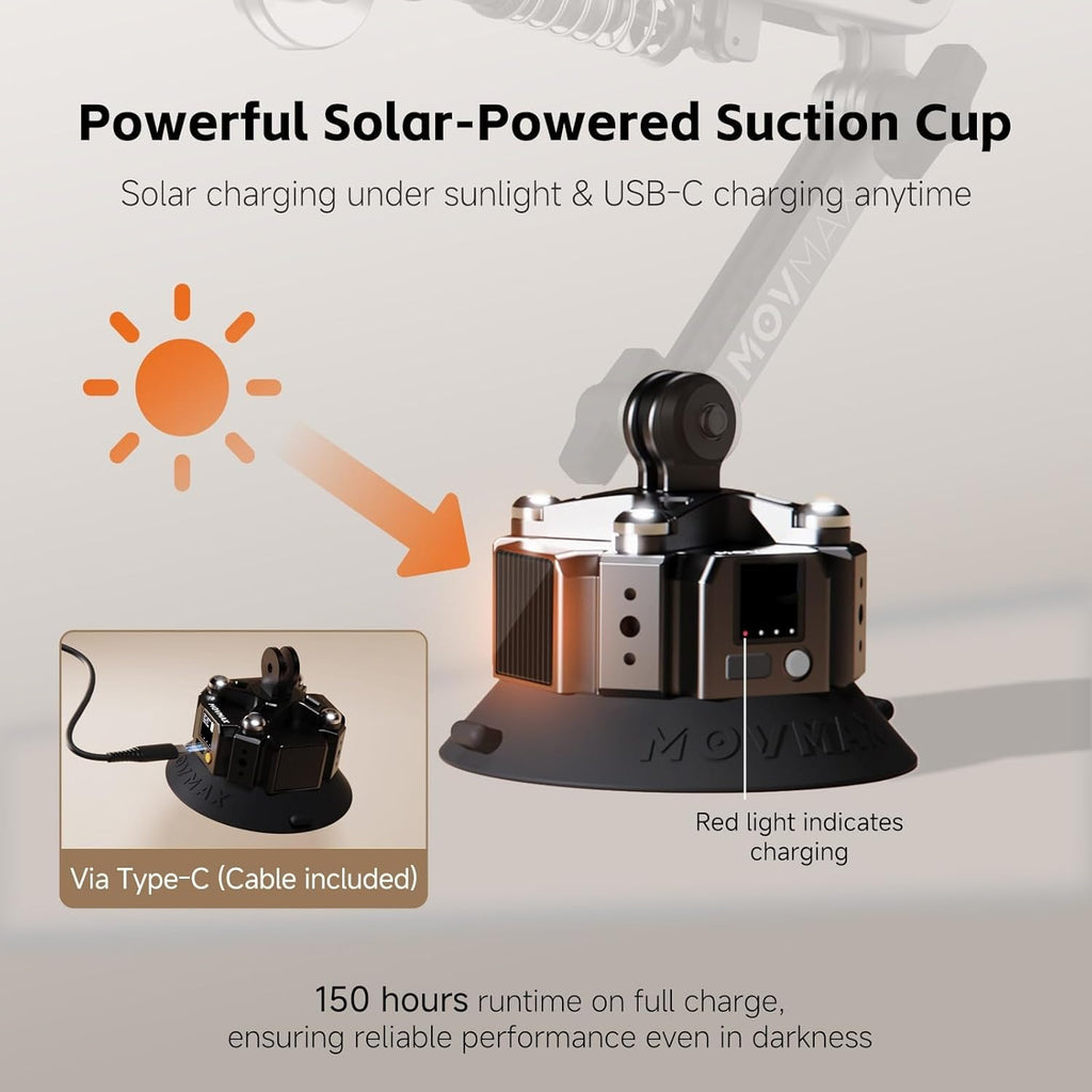 MOVMAX Blade Arm Solar Powered Electronic Suction Kit, Shock Absorber Arm Car Mount for DJI Pocket 3, GoPro Hero 13, 360 Action Cameras with Auto Pressure Detection & LCD Display, Pocket 3 Accessories