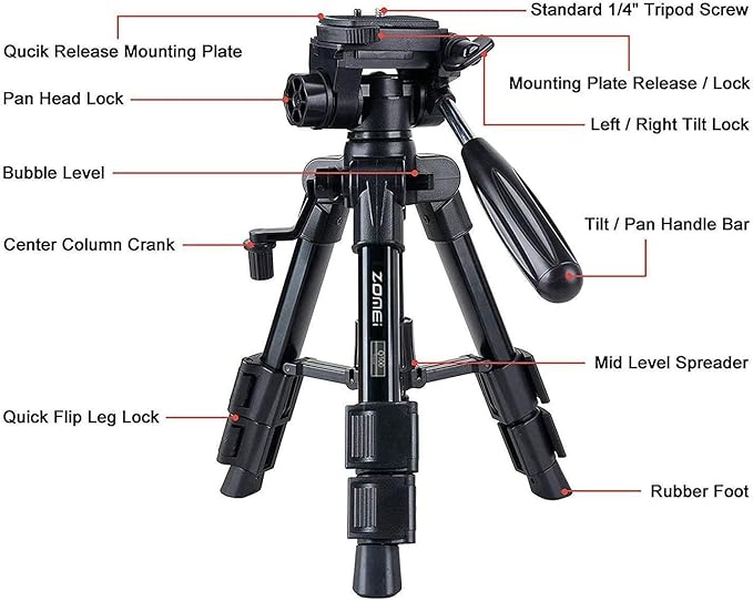 Mini Tripod for Camera,Zomei Travel Table Tripod with 3-Way Pan/Tilt Head 1/4 inches Quick Release Plate and Bag for DSLR Camera Tripod Carrying Bag