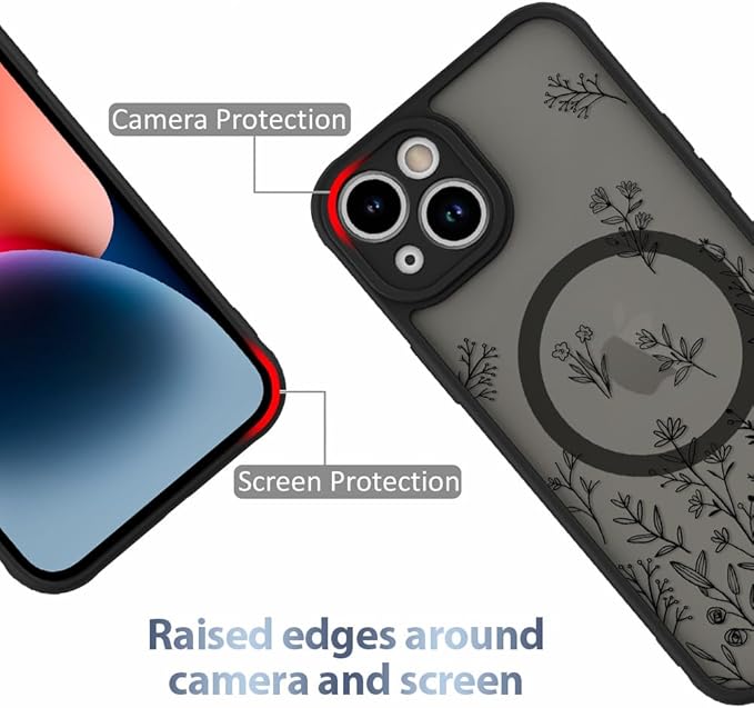 AIGOMARA Magnetic Case for iPhone 14 Plus [Compatible with MagSafe] Cute Black Flower Floral for Women Girls Soft TPU Bumper Hard PC Back Anti-Fall Shockproof Protective Slim Cover