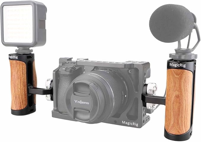 Side Handle Wooden Handgrip with Two 1/4"-20 Screws for DSLR Camera Vlog Camera Cage, Portable Mini Handle for Left/Right Hand with Cold Shoe 1/4" 3/8" ARRI Thread, Up and Down Adjustable