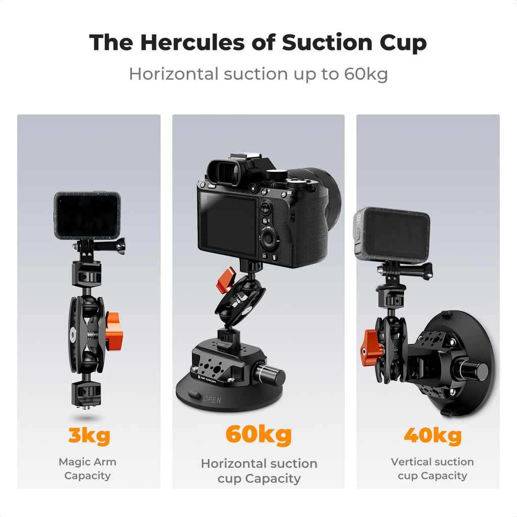 K&F Concept 6" Suction Cup Camera Mount with Magic Arm, ARRI Style 1/4" 3/8" Threads, Quick Release Car Mount for DSLRs Action Camera Phone Video Shooting Compatible with Hero 13 12 DJI Insta360