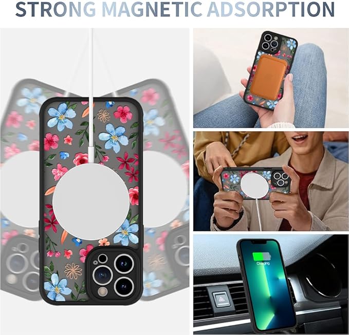 AIGOMARA Magnetic Case for iPhone 13 Pro Max [Compatible with MagSafe] Cute Pink Blue Flower Floral Pattern Soft TPU Bumper Hard PC Back Anti-Fall Shockproof Protective Slim Cover for Women Girls