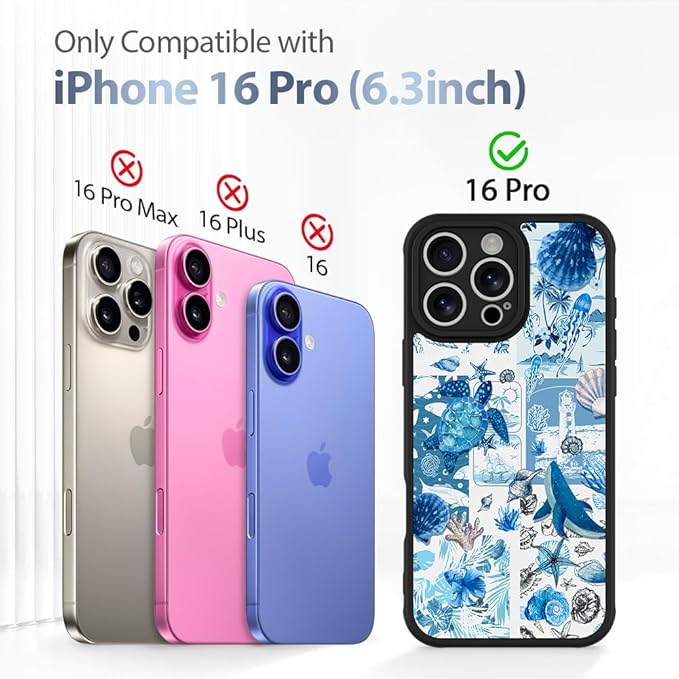 AIGOMARA Case for iPhone 16 Pro [Compatible with MagSafe] Blue Turtle Shell Ocean Collage Pattern Design for Women Girls Men Soft TPU Bumper Hack PC Back Shockproof Protective Slim Magnetic Cover