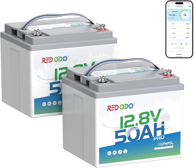 Redodo Smart Bluetooth 12V 50Ah LiFePO4 Lithium Battery for Trolling Motor, Low-Temp Protection, 10 Years Lifetime, Lightweight & Portable Perfect for RV, Solar, Boat Marine and Camping 2 Pack