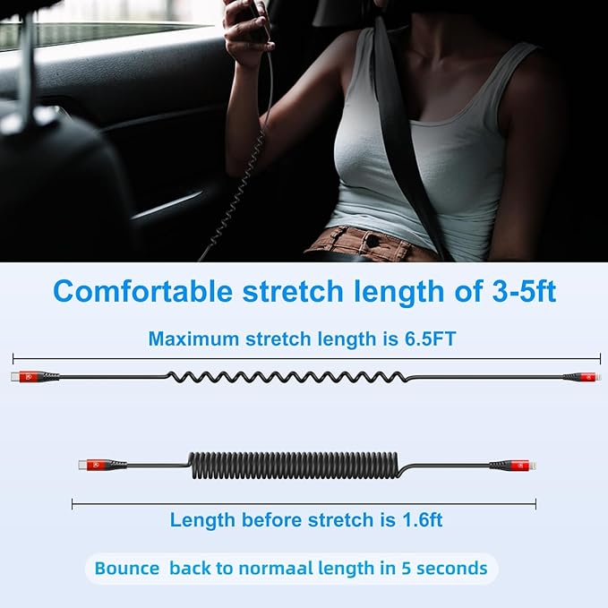 KIYODA USB C to Lightning Cable 6FT 2Pack, Coiled iPhone Charger USB C Fast Charging for Car Short iPhone Cord for iPhone14/13/12/11 Pro Max/iPad/CarPlay-Red