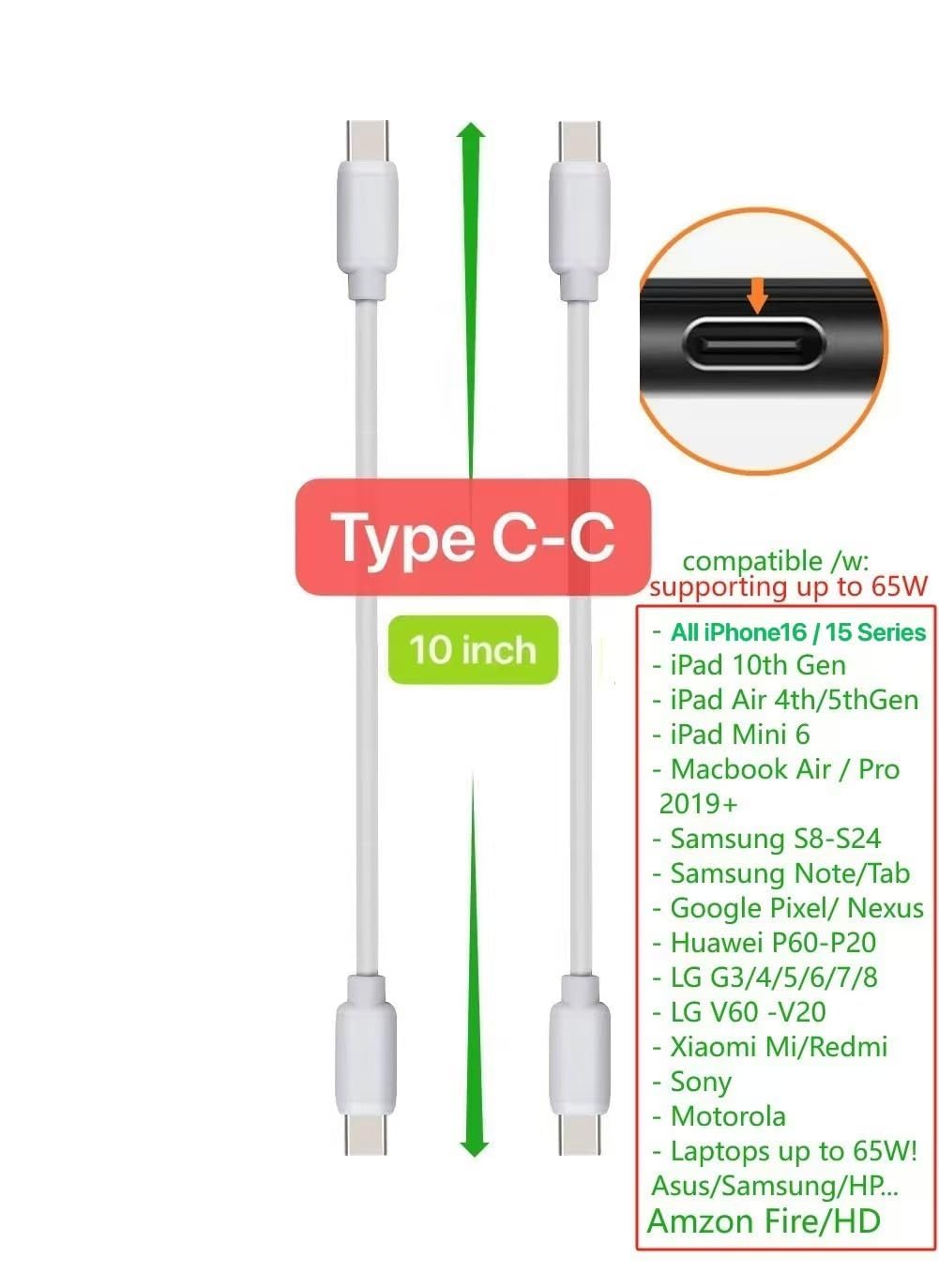 10-Pack Multi Short USB Cables & TypeC-C Cables for Charging Stations Compatible/w iPhone16/15, iPhone5-14/ iPads/iPad mini/iPad Pros/Samsung Moblies & Tablets/Pixel & Nexus/HTC/Sony(White)