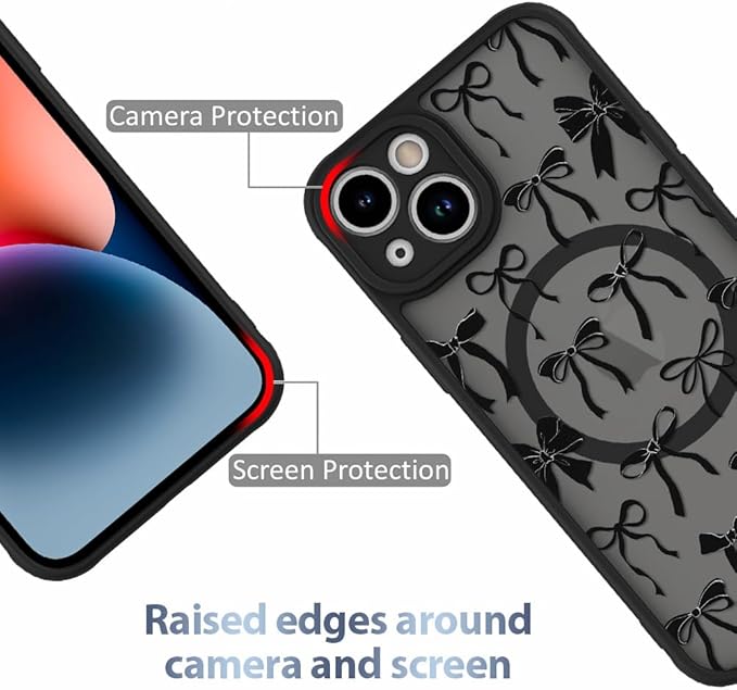 AIGOMARA Case for iPhone 14 [Compatible with MagSafe] Black Ribbon Bow Pattern Design Soft TPU Bumper Hard PC Back Anti-Fall Shockproof Protective Slim Magnetic Cover for Women Girls