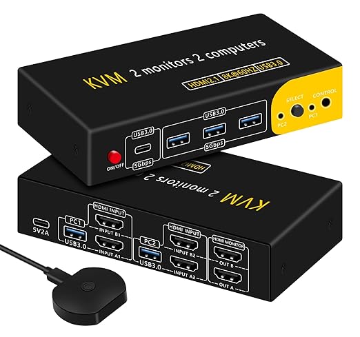 HDMI kvm Switch 2 Monitors 2 Computers Dual Monitor kvm Switch,8K@60HZ, 3*USB3.0&1*USB C, KVM switches 2 Computers 2 Monitors 1 Monitors(USB3.0+8KHDMI)