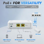 PoE to USB C Switch 60W 802.3af/at Compliant, 1 USB-C Port (30W PD Charging & Gigabit Ethernet) & 1 PoE+ Port & 1 Ethernet Port, for Smartphones/Sablets/Laptops/Camera/Access Point, DC Powered