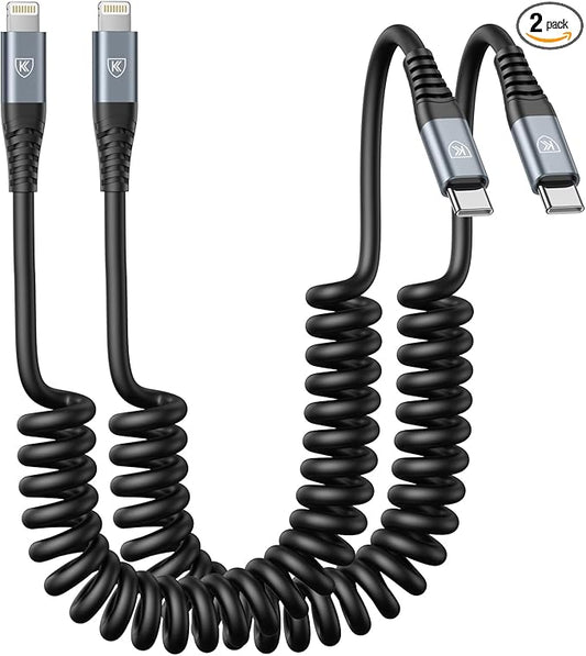 KIYODA USB Type C to Lightning Cable 3FT 2Pack, Coiled iPhone Charger Fast Charging for Car Short USBC Lightning iPhone Cord for iPhone14/13/12/11 Pro Max/iPad/CarPlay