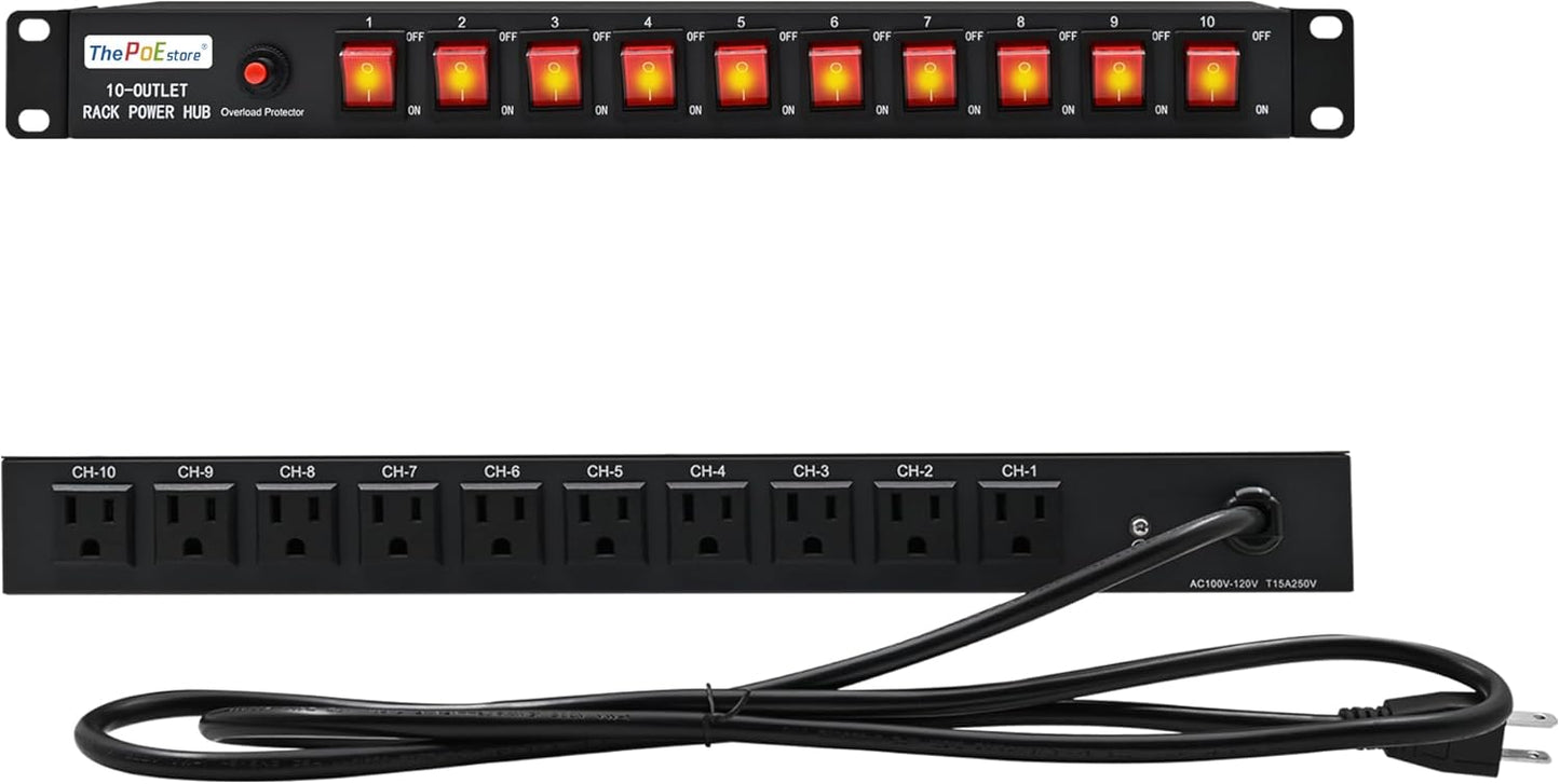 10-Outlet 1U Rack Mount Power Strip - Surge Protector, Features 10 Front Switches with LED Light - Ideal, w/ 6 ft Cord for Network Server Racks and Cabinets, by ThePoEstore