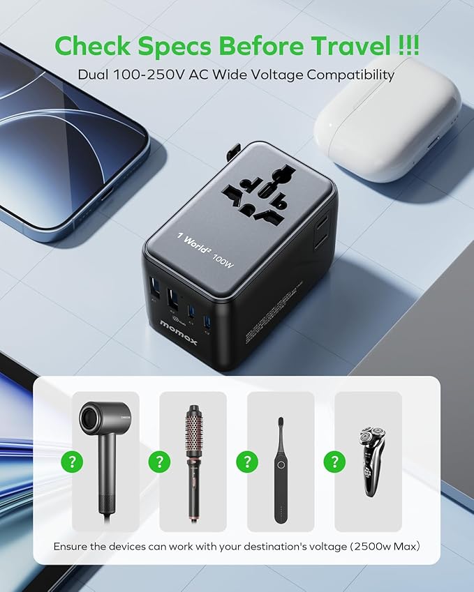 MOMAX Universal Travel Adapter, GaN 100W International Power Adapter, 2 AC, 2 USB-C PD Fast Charging & 2 USB-A QC, All-in-one International Plug Adapter for Travel European UK AUS JP