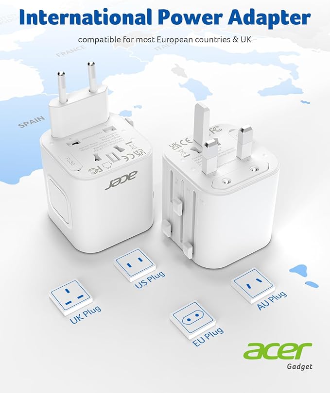 Acer US to Europe Plug Adapter, Universal Travel Adapter, International Power Adapter for USA to Europe UK France Germany Spain Ireland Australia (Type C/G/A/I),White