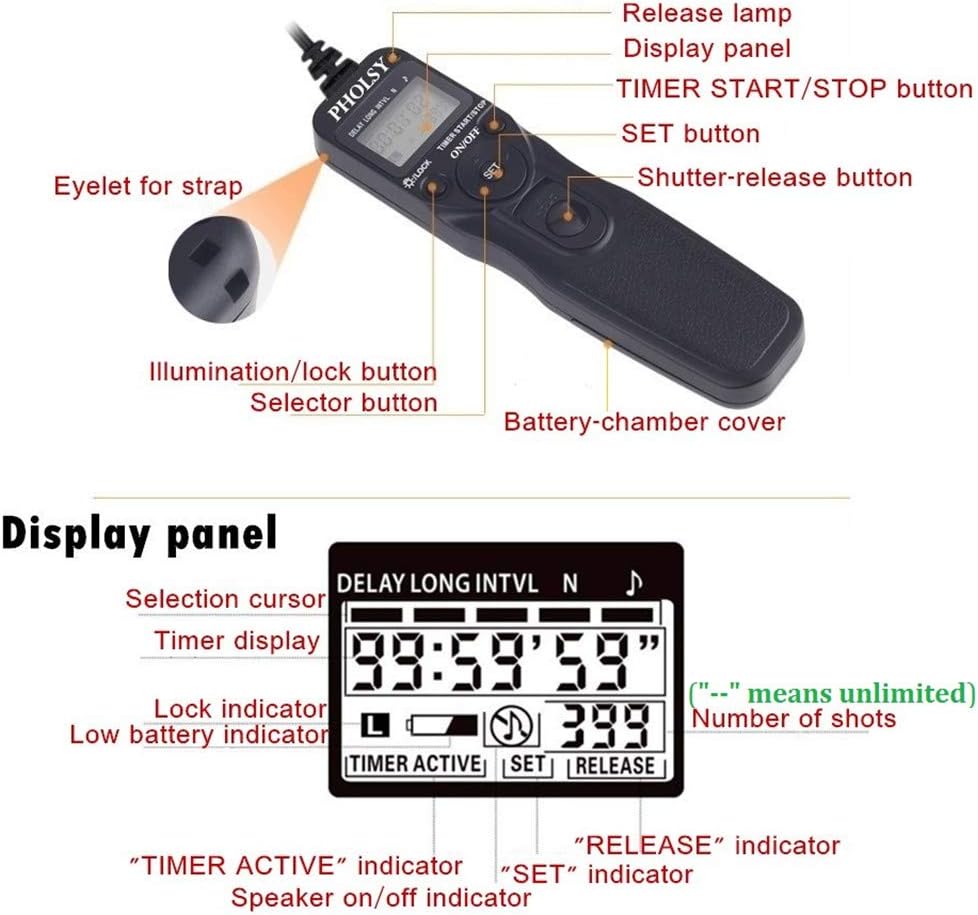PHOLSY N8 Timer Remote Control Cable with Intervalometer for Nikon Z8, Z9, D3, D4, D5, D6, D800, D850, D810, D700, D500, D300, D200, F6, F100, F5, F90, N90s, D1X, D2H, D3X, Replaces Nikon MC-36A