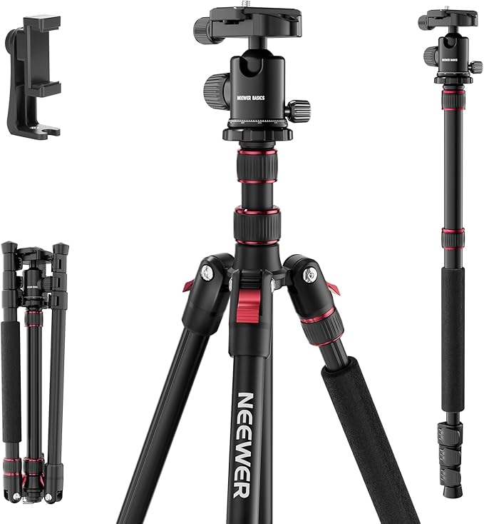 NEEWER Basics Camera Tripod Monopod, 71" Aluminum Heavy Duty Portable Travel DSLR Cell Phone Stand with 360° Ball Head Cellphone Holder Mount Compatible with iPhone for Filming Video Recording, TP15