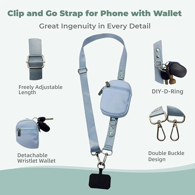 Clip and Go Strap for Phone with Wallet - Adjustable and Detachable Phone Lanyard Crossbody, Wrist Wallet for Home Travel