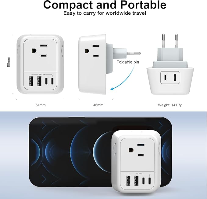 International Travel Adapter, Europe Travel Adapter with USB, Universal Travel Adapter (3 USB A & 1 Type-C) for The US to Most of Europe Iceland Spain Italy France Germany (Type E/F)