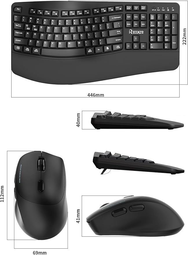 Wireless Keyboard and Mouse Combo,2.4G Full Size Wave Keys Ergonomic Keyboard with Wrist Rest for Natural Typing, 3 DPI Adjustable Ergonomic Silent Mouse for Computer/Laptop/Windows/Mac (Black)