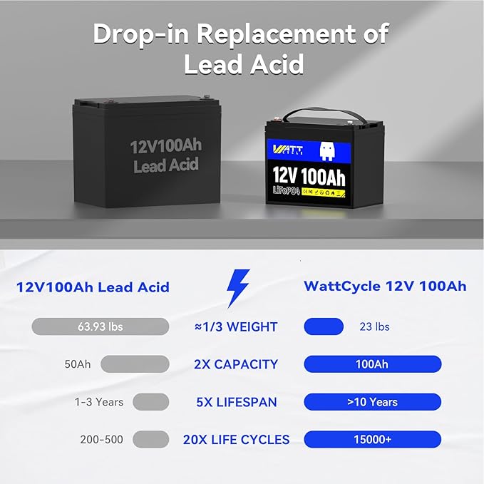 12V 100Ah LiFePO4 Lithium Battery - BCI Group 24, 15000 Cycles, Built-in 100A BMS, Low-Temperature Protection - Ideal for RVs, Golf Cart, Home Energy Storage, Boats and Marine Applications