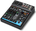 Depusheng M4 Portable Mini Mixer 4-Channel Audio Mixer DJ Console with Sound Card, Bluetooth Function, USB, 48V Phantom Power for PC Recording Webcast Party