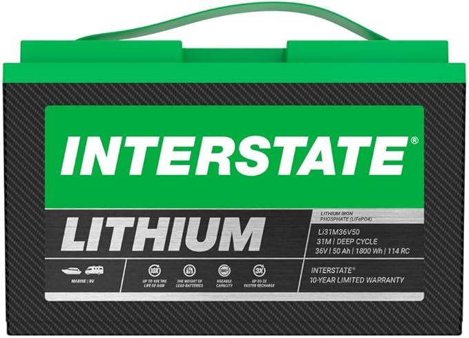 Interstate Batteries 36V 50Ah Group Size 31M Lithium Marine/RV Deep Cycle LiFePO4 Battery, Maintenance Free, Lightweight, Ideal For Boats, Trolling Motors, RV Camping, Off-Grid, Yachts (Li31M36V50)