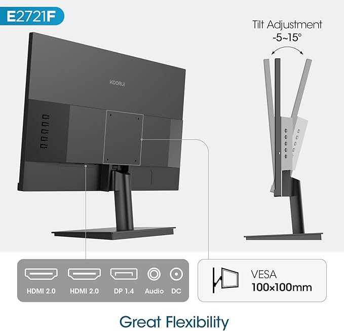 KOORUI 27 Inch QHD (2560x1440) IPS Ultra-Thin Computer Gaming Monitor, 100Hz Refresh Rate, DCI-P3 95%, FreeSync & G-Sync, 1ms MPRT, VESA 100x100mm, Tilt Adjustable for Game and Work