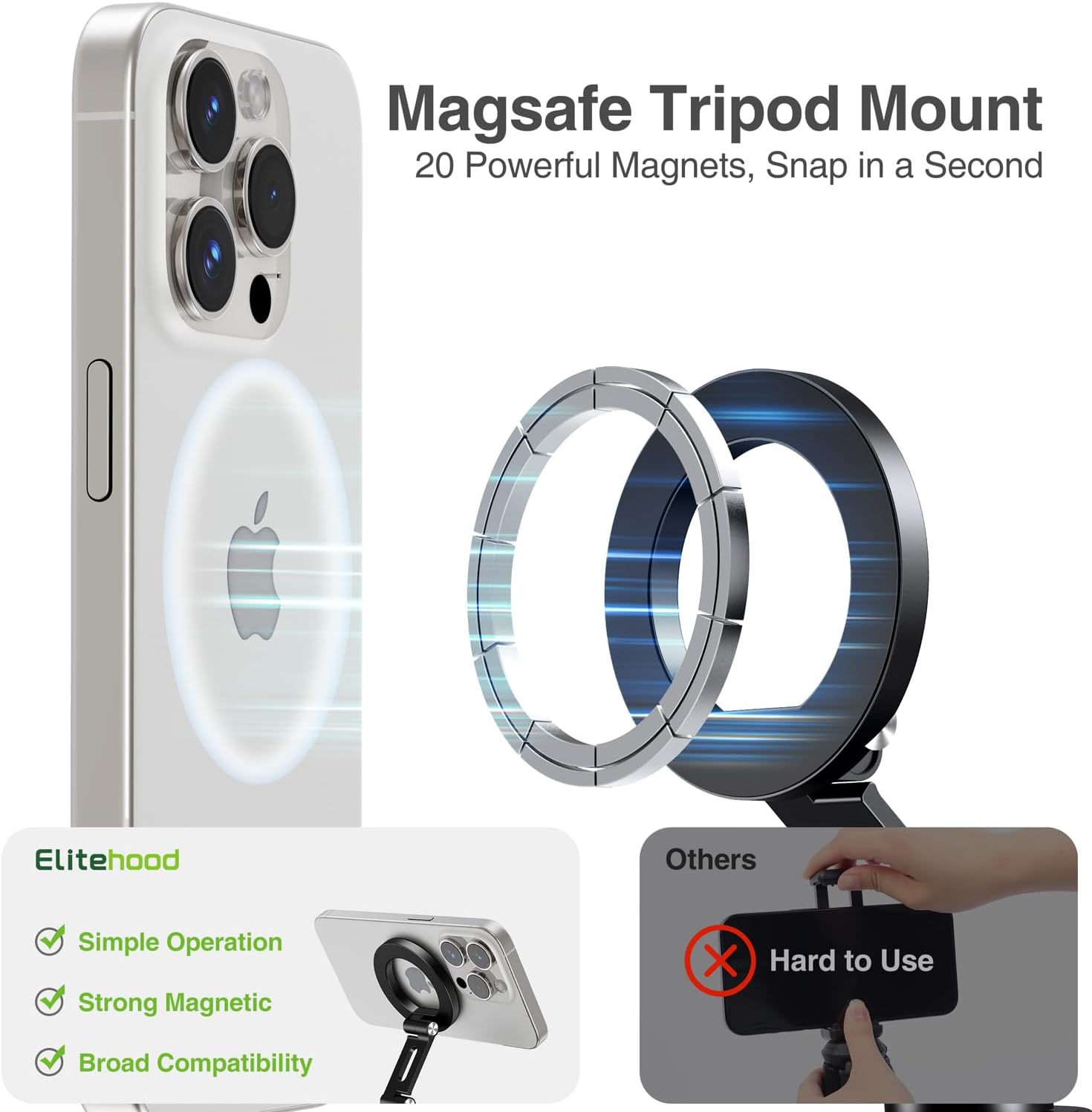 elitehood for Magsafe Phone Tripod Mount with Arca Port, Aluminum Magnetic iPhone Tripod Mount with 1/4" & 3/8" Screw, for Magsafe Phone Adapter Compatible with iPhone 16 15 14 13 12 Series, Black